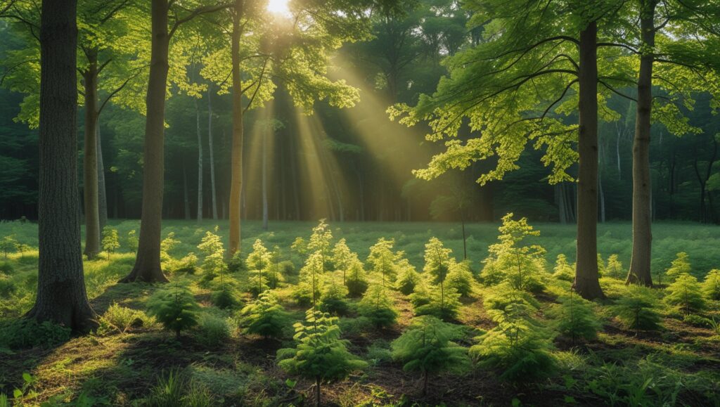 Lebendiger Wald mit kleinen jungen Bäumen (Leonardo_Phoenix_)